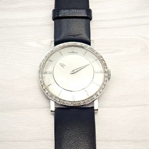 Vintage Longines 18k White Gold Diamond Bezel Manual Wind Mystery Dial Watch - Picture 2 of 11